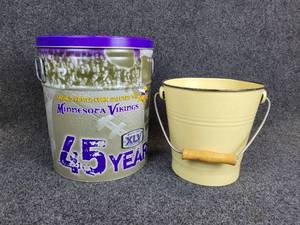 lot 223 image: MN Vikings Popcorn Tin and Enamel Bucket