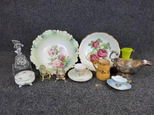 lot 230 image: Lot of Porcelain Bowls, Teacups and Saucers, Sterling Sliver Gravy Boat, Abalone Egg on Stand, Small 8K Gold Coin - NO SHIPPING