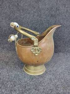 lot 249 image: Vintage Brass & Copper Coal Scuttle with Porcelain Handles