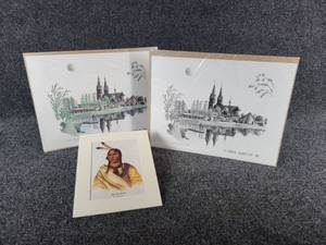 lot 262 image: Pair of Stippled Prints of St. Marys Church in Sleepy Eye, MN by Curt Schultz and a Small Print of Chief Sleepy Eye