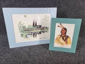 lot 263 image: Stippled and Colored Print of St. Marys Church in Sleepy Eye, MN by Curt Schultz and a Small Print of Chief Sleepy Eye