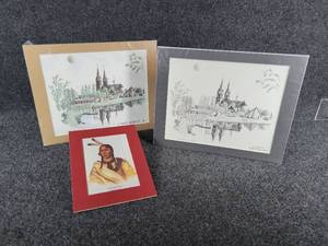 lot 264 image: Pair of Stippled Prints of St. Marys Church in Sleepy Eye, MN by Curt Schultz and a Small Print of Chief Sleepy Eye