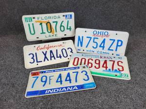 lot 279 image: Lot of (5) Vintage License Plates - Florida, Ohio, Iowa, California, and Indiana