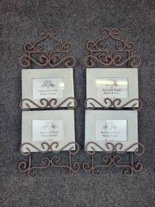 lot 292 image: Pair of Iron Photo Frame Holders, Each With Pair of 4 x 6 Recycled Wood Photo Frames