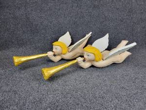 lot 293 image: Pair of Hand Carved Indonesian Wood Hanging Cherubs with Golden Trumpets