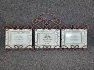 lot 295 image: Iron Photo Frame Holder with Three 4 x 6 Recycled Wood Photo Frames