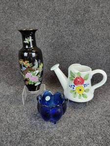 lot 316 image: Black Vase with Japanese Peacock & Peony Motif, Gold Accents Italian Watering Can Planter, and Cobalt Recycled Spanish Glass Votive Holder