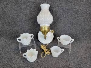 lot 319 image: Two Milk Glass Sugar & Creamer Sets and WORKING Hobnail Milkglass Wall Lamp