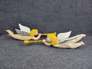 lot 329 image: Pair of Hand Carved Indonesian Wood Hanging Cherubs with Golden Trumpets