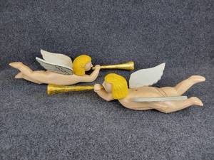 lot 335 image: Pair of Hand Carved Indonesian Wood Hanging Cherubs with Golden Trumpets
