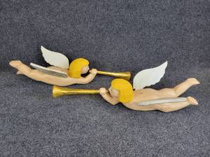 lot 339 image: Pair of Hand Carved Indonesian Wood Hanging Cherubs with Golden Trumpets