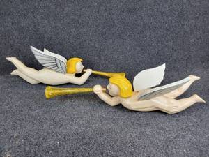 lot 342 image: Pair of Hand Carved Indonesian Wood Hanging Cherubs with Golden Trumpets