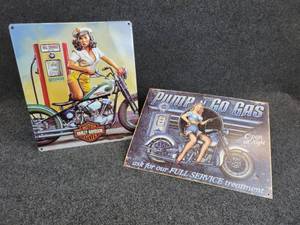 lot 347 image: Pair of Motorcycle Pinup Tin Signs - Harley-Davidson & Pump n Go Gas