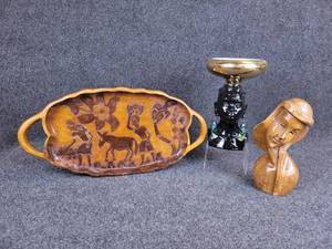 lot 349 image: Vintage Carved Wood Tray with Wood Lady Statuette and Ceramic Lady Planter