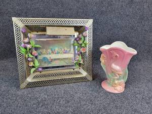 lot 350 image: Hull Pottery Vase Pink Hibiscus with Crane and Brass Framed Last Supper Picture