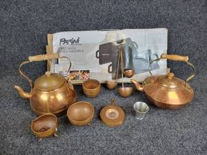 lot 364 image: Cast Iron GrillGriddle with Pair of Copper Tea Kettles and MORE