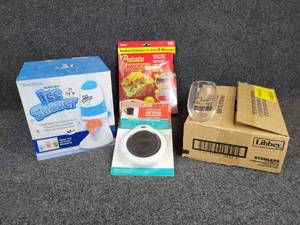 lot 365 image: Lot of (7) 9 oz. Stemless Wine Glasses, West Bend Electric Ice Shaver, and More