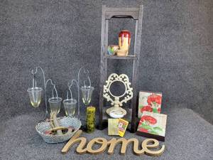 lot 369 image: Lot of Housewares - Homemade Pipe Stand, Iron & Glass Candle Holders, and More - NO SHIPPING