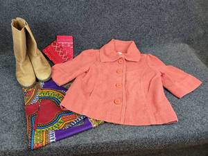 lot 371 image: Lot of Clothing - Fossil Medium Coat, Eddie Bauer Leather Boots (Size 7), Vintage Bandanas, and Patterned Shirt (Unknown Size)