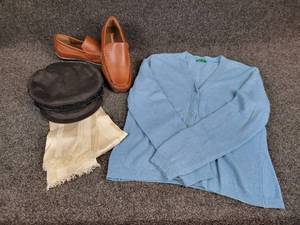 lot 372 image: Lot of Clothing - Vintage Benetton Cardigan Sweater (Size S), Pair of Deer Stag Simulated Leather Loafers (Size 6), Black Hat, and Vintage Long White Silk Scarf