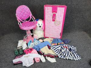 lot 380 image: 18 Doll Carrying Case, Salon Chair, Clothes, and More