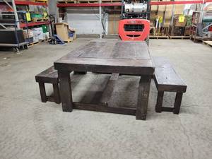 lot 2 image: Stained Barnwood Table with Benches - Sturdy Handmade Construction
