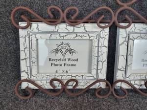lot 346 image: Iron Photo Frame Holder with Three 4 x 6 Recycled Wood Photo Frames
