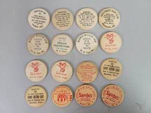 lot 33 image: (16) Vintage Wood Nickels - Mankato, Minneapolis and St. Paul, MN