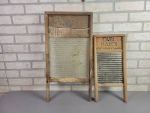 lot 54 image: (2) Antique Washboards - Larger is Glass and other is Tin