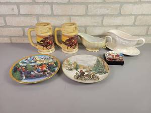lot 70 image: Canterbury Beer Steins, Harley Davidson Collector Plates and (2) Gravy Boats