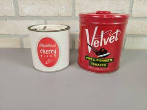 lot 79 image: (2) Vintage Tobacco Tins - Velvet 14oz Can & Middletons Cherry Blend 8oz Can