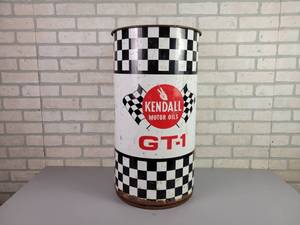 lot 100 image: Vintage KENDALL Motor Oils Metal Barrel Trash Can - Approx. 26 Tall x 14.5 Diameter - NO SHIPPING