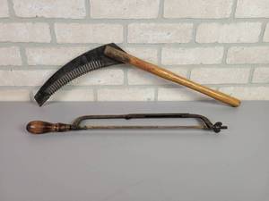 lot 128 image: Vintage C.C. Brooks Corn Hook (23) and Antique Wood Handle Hack Saw (20)