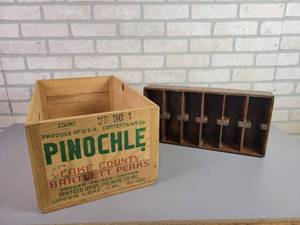 lot 129 image: Wood Pear Crate (20 x 12 x 9) and Vintage Wood Organizer (17 x 8.5 x 3.5)