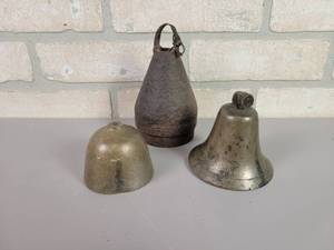 lot 139 image: (3) Antique Bells - (1) Cast Iron and (2) Brass
