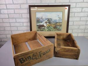 lot 140 image: (2) Vintage Crates and Framed Hunting Scene - NO SHIPPING