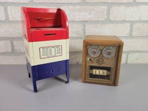 lot 147 image: Antique Mail Box Door made into coin Bank and Vintage Mailbox Coin Bank