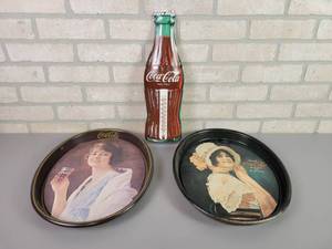 lot 154 image: (2) Tin Coca-Cola Serving Trays and Aluminum Coca-Cola Bottle Thermometer