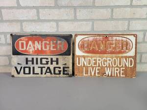 lot 168 image: Vintage Steel Signs DANGER Underground Live Wire and DANGER High Voltage - Approx. 14 x 10 each