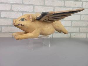 lot 5 image: Hand Carved Indonesian Wood Hanging Flying Pig - Approx. 16 Long