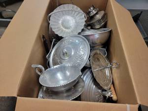 lot 406 image: Large Box Lot of Metal Serving Pieces, Oil Lamp and More - NO SHIPPING