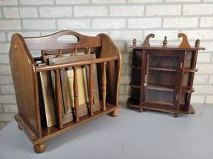 lot 409 image: Curio Cabinet and Magazine Rack w Frames - NO SHIPPING