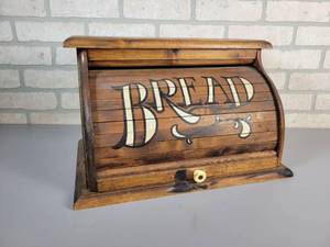lot 410 image: Vintage Solid Wood Breadbox - Door Rolls up Nicely - NO SHIPPING