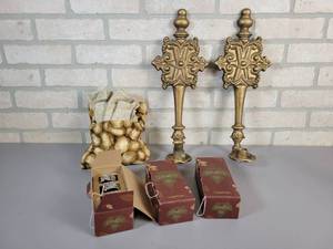 lot 423 image: (12) Longaberger Pewter Napkin Rings, Napkins and (2) Cast Aluminum Wall Hanging Candle Holders