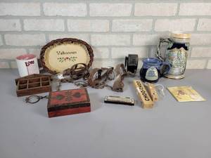 lot 427 image: Vintage Traps, Harmonica, Beer Stein and More