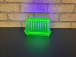 lot 2198 image: Vintage Uranium Glass Butter  Cheese Dish