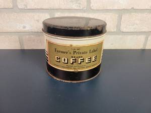 lot 2217 image: Antique 1# Farmers Private Label Brand Coffee Tin Can - Farmers Mercantile Co. Hatton, North Dakota