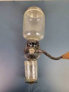 lot 2247 image: Antique ARCADE Coffee Grinder w Original #25 Glass Top and Lid, Bottom Cup is a Mason Jar