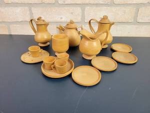 lot 2266 image: Collection of Small Turned Wood Teapots, Pitcher, Plates and Cups - Tallest is About 3.5 Tall
