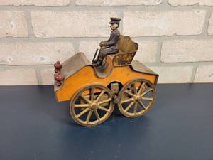 lot 2189 image: ca. 1900 D.P. Clark Tin  Wood Hill Climbing Friction Flywheel Horseless Carriage Toy - WORKS